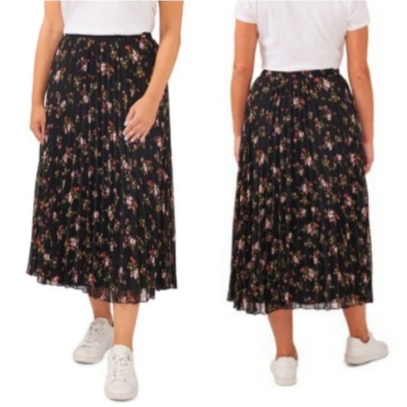 NWT VINCE CAMUTO Black Floral Linned Pleated Midi Skirt - Picture 2 of 8